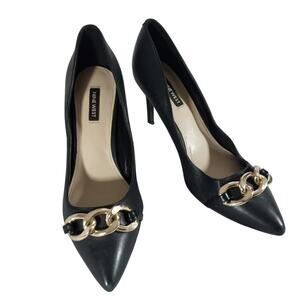 NINE WEST! BLACK GENUINE LEATHER GOLD CHUNKY CHAIN FRONT PUMPS, HEELS! SZ 9M